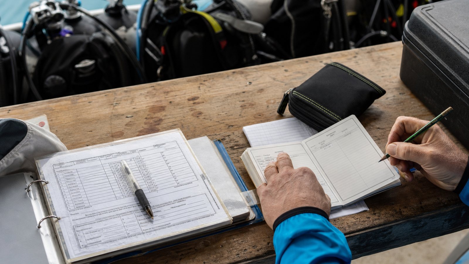 Plongeur remplissant son carnet de plongée sur le pont d'un bateau après l'immersion