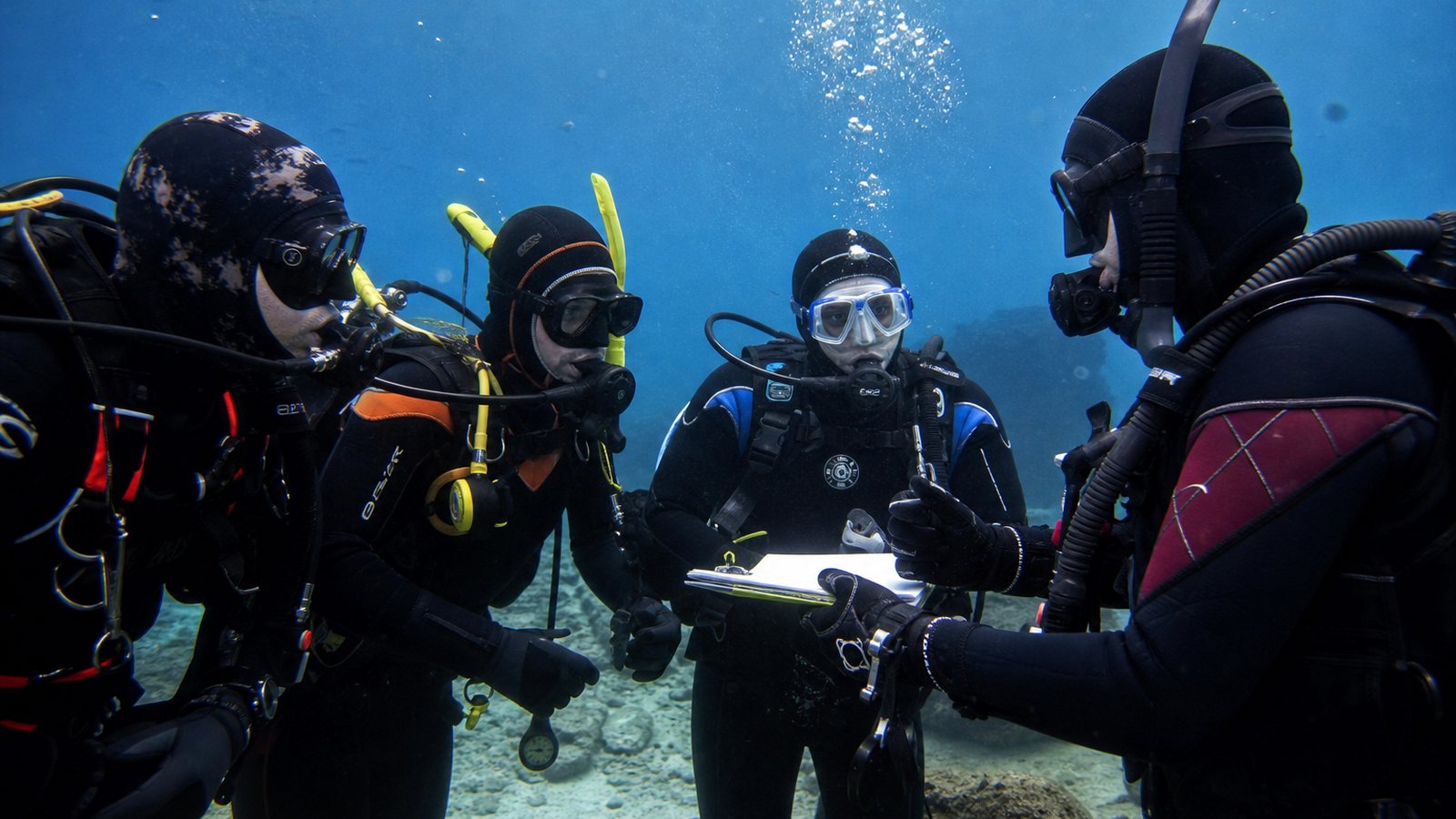 Groupe de plongeurs formant une palanquée sous l'eau au-dessus d'un récif